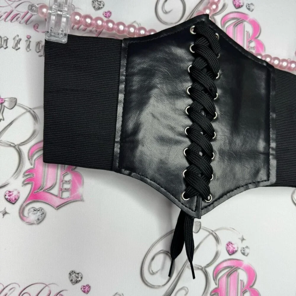 Corset belt waist cinch Velcro one size fits all black silver bustier lace up